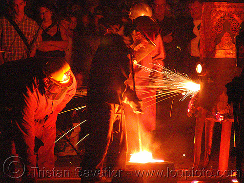 foundry workers - fire arts festival at the crucible (oakland), crucible, fire, foundry, molten metal, sparks, workers, working