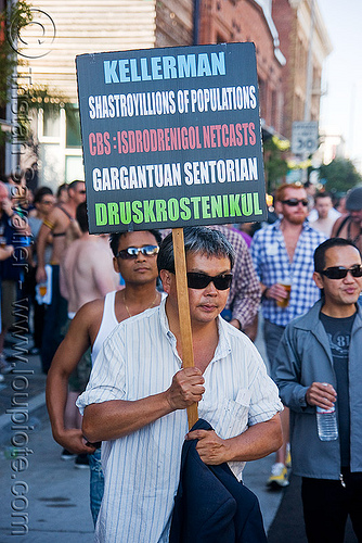 frank chu and his trademark picket sign - dore alley fair (san francisco), frank chu, man, picket sign, protester, protesting