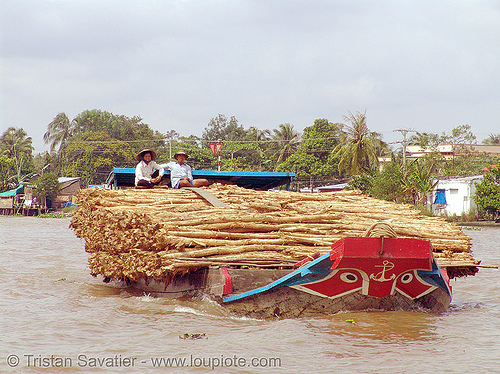 freight boat on the mekong river - vietnam, boat, freight, heavy, loaded, mekong, river