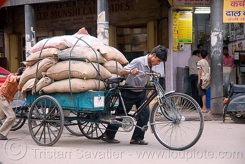 freight tricycle with heavy cargo load - delhi (india), bags, cargo tricycle, cargo trike, cycle rickshaw, delhi, freight tricycle, freight trike, heavy, load bearer, man, moving, wallah