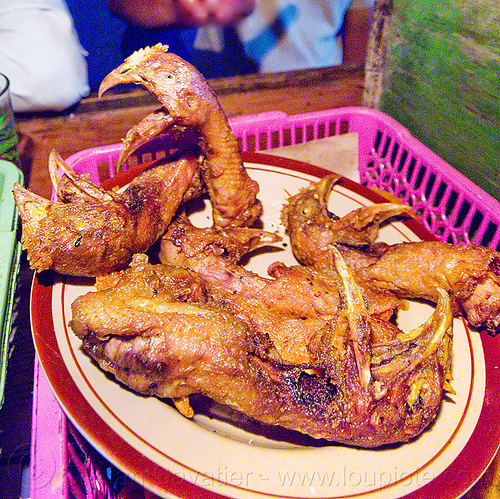 fried chicken heads, chicken heads, chicken necks, deepfried, dish, finger food, fried, indonesia, poultry, street food