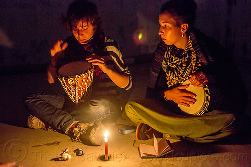 friends with drum sitting around candle (india), candle, djembe drum, drummer, drumming, malou, night, sitting, varanasi, women