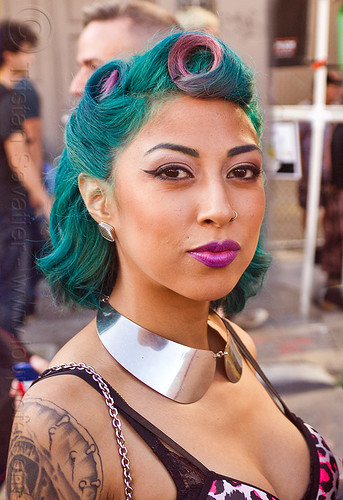 gabriela starchild - woman with blue hair - purple lipstick, blue hair, gabriela starchild, gaby, necklace, purple lipstick, shoulder tattoo, tattoos, woman