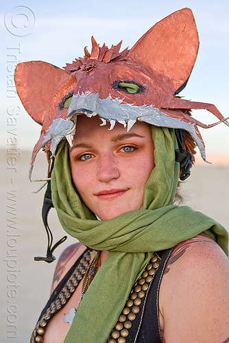gabrielle with her fox head mask, attire, burning man outfit, copper, costume, ears, fox, head, mask, scarf, woman