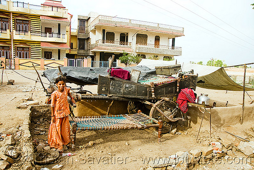 gadia lohars nomadic tribe living under their oxcart (india), bullock cart, camp, chariot, encampment, gadia lohars, gaduliya lohars, gipsies, gypsies, horse cart, nomadic tribe, nomads, ox cart, road, thiya