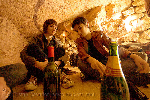 gaëlle and alyssa - catacombes de paris - catacombs of paris (off-limit area), candles, cataphile, cave, champagne, clandestines, illegal, new year's eve, underground quarry, wine, women