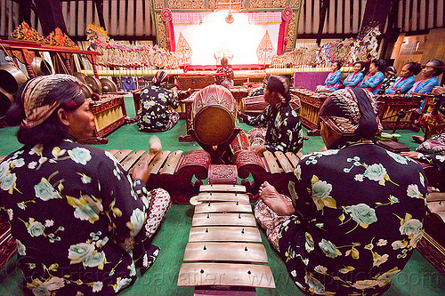 gamelan ensemble orchestra - yogyakarta (java), gamelan ensemble, gongs, karawitan, kendang drum, men, metallophones, music, musical, orchestra, percussion, players, shadow play, shadow puppet theatre, shadow puppetry, shadow puppets, shadow theatre, sitting, wayang kulit, xylophones