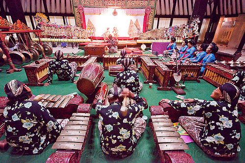 gamelan orchestra playing - yogyakarta (java), drums, gamelan ensemble, gongs, karawitan, kendang drum, men, metallophones, music, musical, orchestra, percussion, shadow play, shadow puppet theatre, shadow puppetry, shadow puppets, shadow theatre, sitting, wayang kulit, women, xylophones