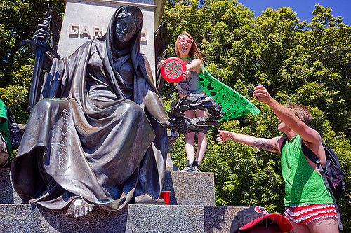 garfield monument - golden gate park (san francisco), bay to breakers, brass statue, footrace, golden gate park, man, monument, president garfield, sculpture, street party, women