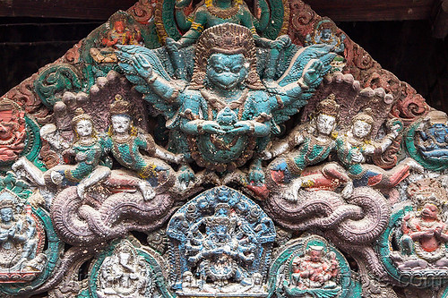 garuda - wood carving - bagh bhairav temple (nepal), bagh bhairav temple, colored, garuda, hindu temple, hinduism, kirtipur, sculpture, wood carving