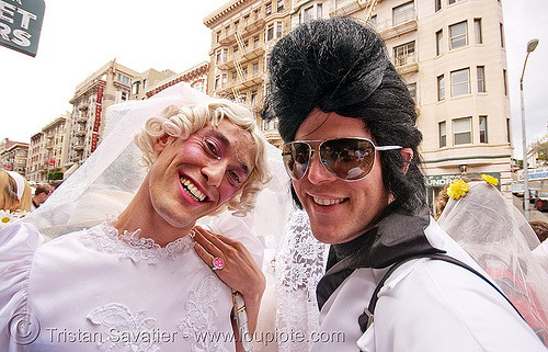 gay wedding - brides, bride, brides of march, drag, elvis impersonator, gay wedding, man, same-sex wedding, transvestite, white