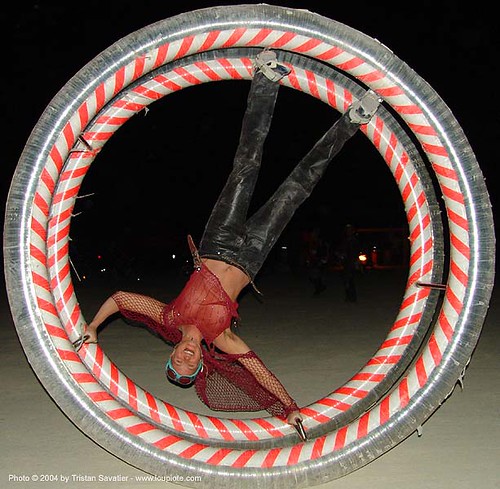 german wheel at burning man 2004, burning man at night, german wheel, rolling, upside-down, woman