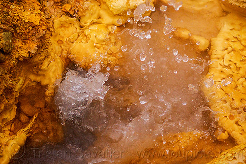 geyser at sulfurous hot springs (india), bubbling, concretion, dhauliganga valley, droplets, geyser, hot water, india, mountains, orange, sulfurous hot springs, tapovan hot springs