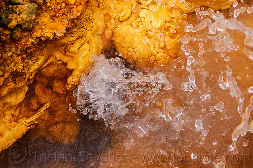 geyser of scalding water at sulfurous hot springs (india), bubbling, concretion, dhauliganga valley, droplets, geyser, hot water, india, mountains, orange, sulfurous hot springs, tapovan hot springs