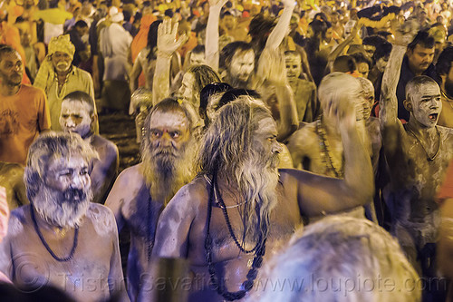 ghostly naga babas - kumbh mela (india), beard, crowd, dreadlocks, hindu pilgrimage, hinduism, holy ash, kumbh mela, men, naga babas, naga sadhus, night, sacred ash, sadhu, vasant panchami snan, vibhuti, walking