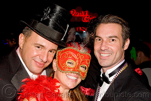 ghostship halloween party on treasure island (san francisco), costume, feathers, ghostship 2009, halloween, man, mask, party, red, stove pipe hat, woman