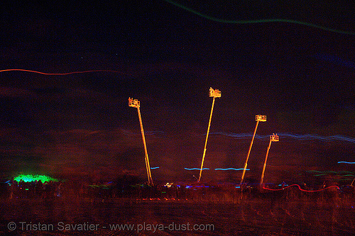 giant cherry-pickers - burning man 2006, aerial lift, boom lift, burning man at night, cherry pickers, crane
