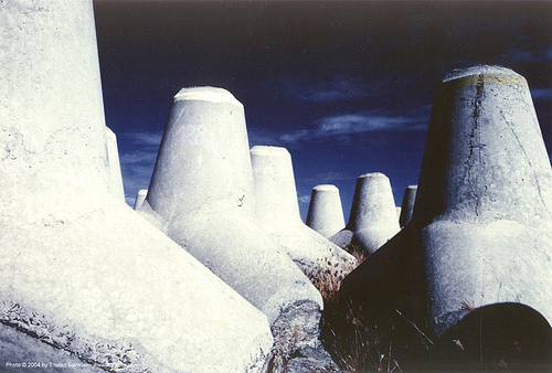 giant concrete tetrapods - coastal erosion control engineering project (reunion island), civil engineering, concrete tetrapods, construction, la reunion, near infrared, reunion island, underwater foundations