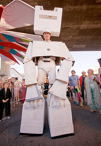 giant robot cardboard costume, costume, man, robot