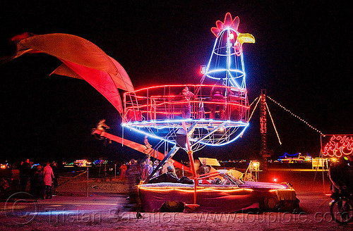 giant rooster art car by loki - burning man 2009, art car, burning man, chicken car, loki, mutant vehicles, night, rooster