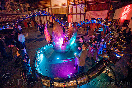 giant snake skeleton animated sculpture - opulent temple massive rave party (treasure island, san francisco) - serpent mother, art installation, egg, night, opulent temple, sculpture, serpent mother, skeleton, snake