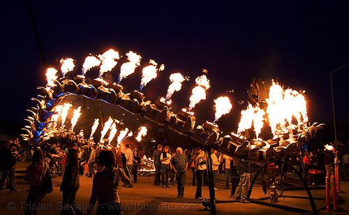 giant snake skeleton sculpture - crucible fire arts festival 2007 (oakland, california) - serpent mother, burning, fire, sculpture, serpent mother, skeleton, snake