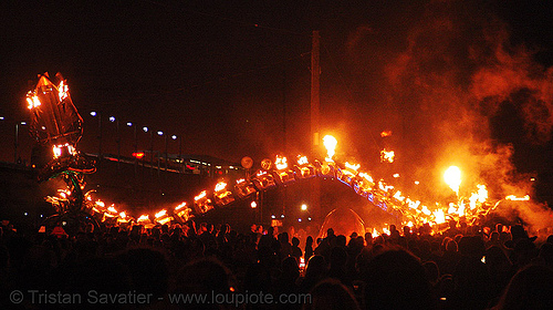 giant snake skeleton sculpture - crucible fire arts festival 2007 (oakland, california) - serpent mother, burning, fire art, sculpture, serpent mother, skeleton, snake