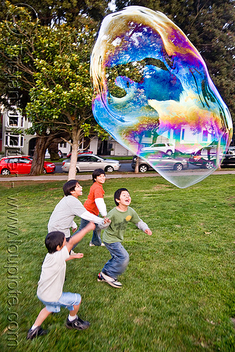 giant soap bubble, big bubble, children, giant bubble, iridescent, kids, lawn, park, playing, soap bubbles