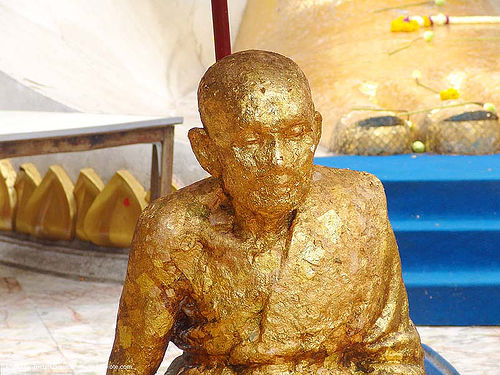 gilded statue of buddhist monk (bangkok) - thailand, bangkok, gilded, gold leaves, offering, statue, temple, wat, บางกอก