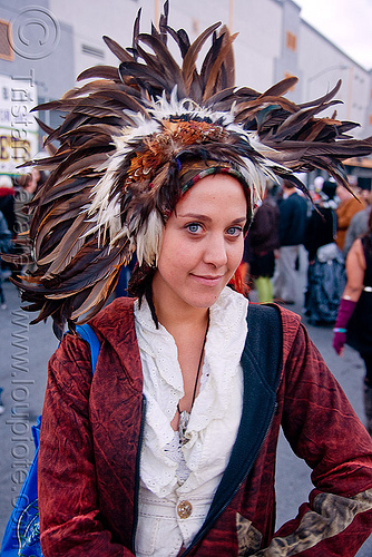 gina - burning man decompression, feather hat, feather headdress, feathers, pyronautes, woman
