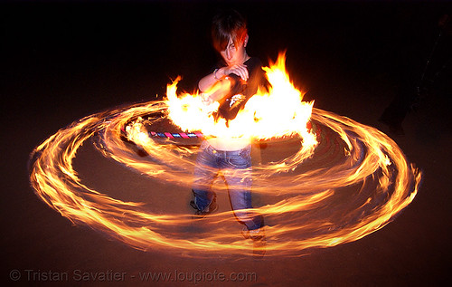 gina spinning a fire hula hoop (san francisco), fire dancer, fire dancing, fire hula hoop, fire performer, fire spinning, hula hooping, night, spinning fire