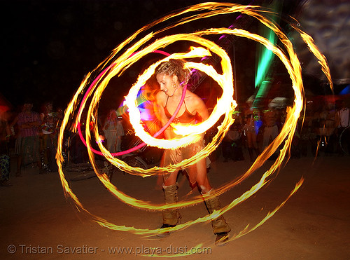gina spinning a fire hulahoop - burning man 2007, burning man, circle, fire dancer, fire dancing, fire performer, fire spinning, night, ring, spinning fire