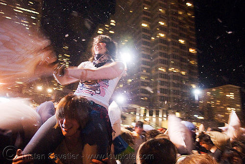 girl on a guy's shoulders at the great san francisco pillow fight 2008, down feathers, marisa, night, pillows, world pillow fight day