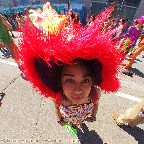 girl with fuzzy hat, ashley, fisheye, fluffy, fuzzy, red hat, woman