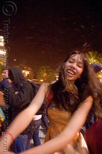 girl with golden dress - the great san francisco pillow fight 2009, down feathers, night, pillows, woman, world pillow fight day