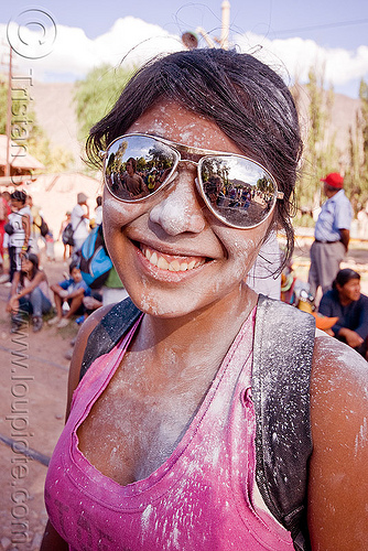 girl with mirror sunglasses and talk powder - carnaval de tilcara (argentina), andean carnival, argentina, carnaval de la quebrada, carnaval de tilcara, mirror sunglasses, noroeste argentino, quebrada de humahuaca, woman