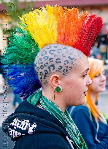 girl with rainbow mohawk - panther print scalp tattoo, ear piercing, gauged ears, gay pride festival, head tattoo, leopard print tattoo, lip piercing, mohawk hair, panther print tattoo, rainbow colors, rainbow hair, rainbow mohawk, scalp tattoo, stretched earlobes, tattooed, tattoos, woman