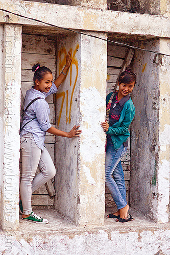 girls posing in ruined building, eid ul-fitr, fatahillah square, girls, jakarta, posing, taman fatahillah, women