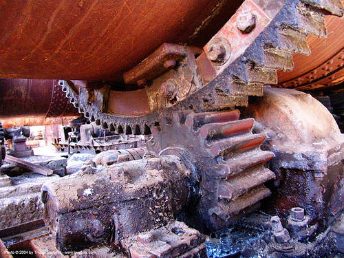 girth gear - rotary kiln, cinnabar smelter, mercury pollution, rotary furnace, rotary kiln, rusty, split ring gear, trespassing