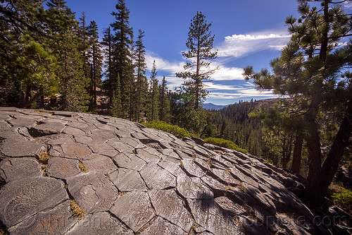 glacial striations on basalt columns - devils postpile (california), california, columnar basalt, columns, devils postpile, eastern sierra, erosion, forest, geology, glacial polish, glacial striations, landscape, lava flow, rock formation, trees, volcanic