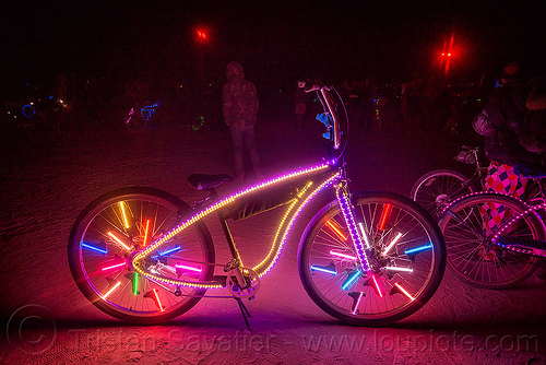 glowing bicycle with LED lights - burning man 2015, bicycle, bike, burning man, eric severn, glowing, led lights, night