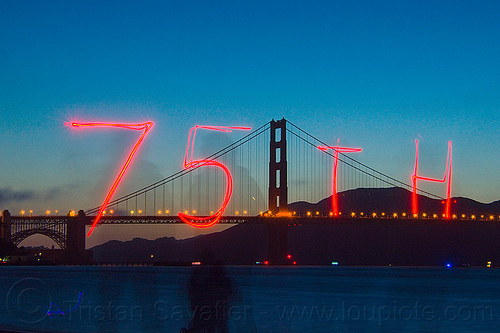 golden gate bridge 75th anniversary, 75th anniversary, bridge pillar, bridge tower, golden gate bridge, light drawing, light graffiti, light painting, night, suspension bridge