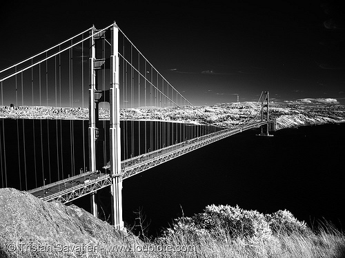 golden gate bridge, black water, bridge pillar, bridge tower, golden gate bridge, landscape, near infrared, suspension bridge