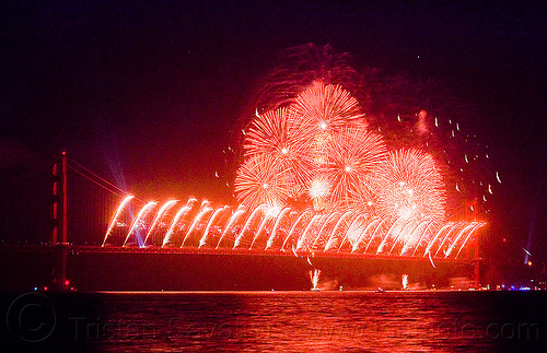 golden gate bridge fireworks, 75th anniversary, fireworks, golden gate bridge, night, red, suspension bridge