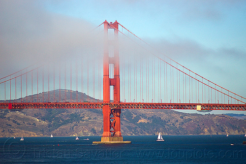 golden gate bridge in the fog, angel island, boats, bridge pillar, bridge tower, coast, fog bank, golden gate bridge, hill, landscape, north tower, ocean, sailboats, san francisco bay, sea, suspension bridge