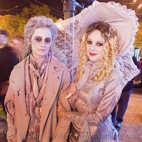 gostly costume - couple - halloween in the castro (san francisco), costume, ghosts, girls, halloween, lesbian women, night