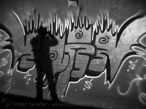 graffiti and my shadow on ocean wall - daylight infrared photo (san francisco), autognomon, graffiti, near infrared, ocean beach