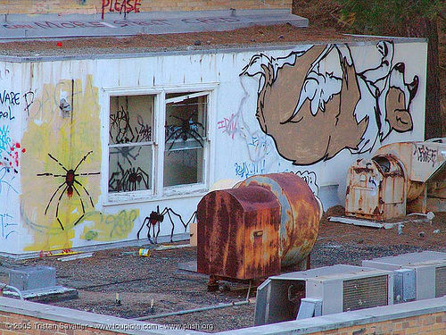 graffiti - dog up-side down - abandoned hospital (presidio, san francisco), abandoned building, abandoned hospital, dog, graffiti, presidio hospital, presidio landmark apartments, street art, trespassing