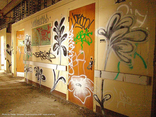 graffiti flowers by lolo, abandoned building, abandoned hospital, graffiti, lolo, presidio hospital, presidio landmark apartments, trespassing