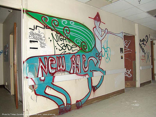 graffiti-new-age - abandoned hospital (presidio, san francisco), abandoned building, abandoned hospital, graffiti, presidio hospital, presidio landmark apartments, salt, trespassing